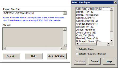 ROE Web Export screen