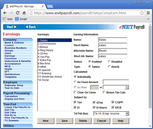 eNETPayroll Earnings Screen